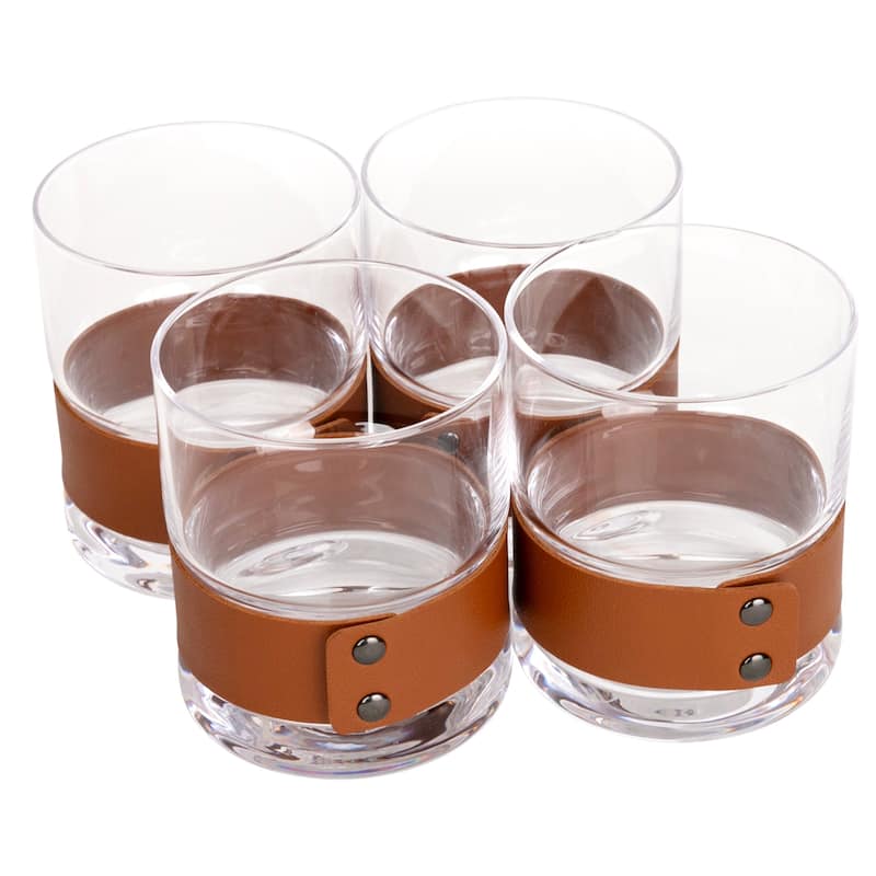 Bruno Magli Set of 4 Whiskey Rock Glasses with Leather Band - 13 oz - 13 oz