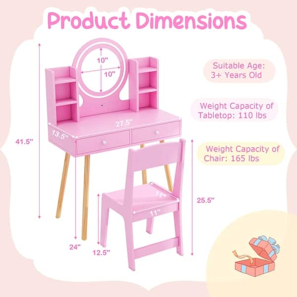 Wooden Kids Makeup Vanity Set Desk Dressing Table w/ Mirror & Stool