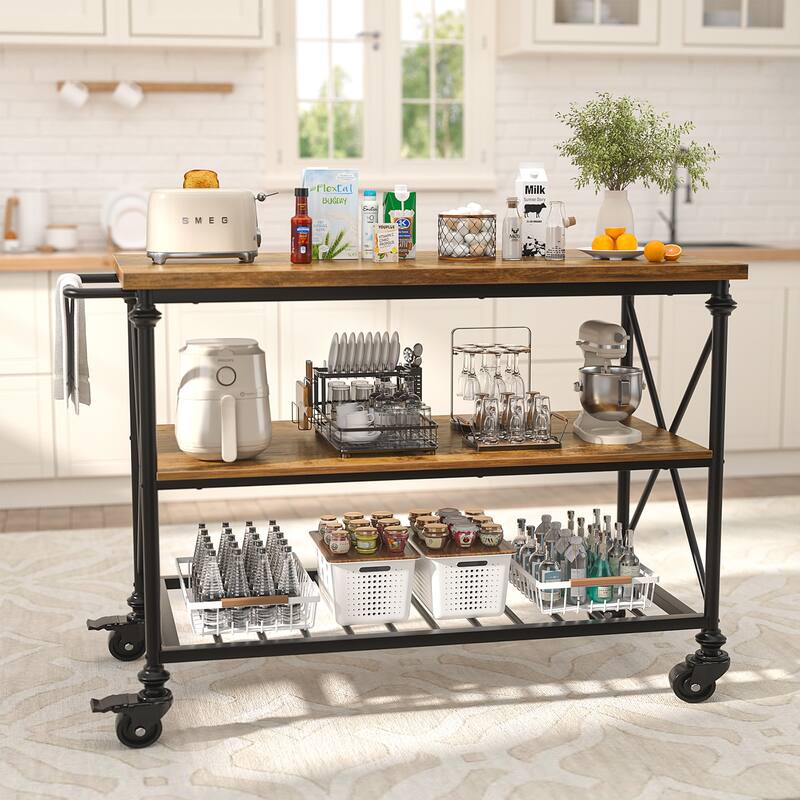 Rolling Kitchen Island Cart with Thick Wooden Top and Storage Shelves - N/A