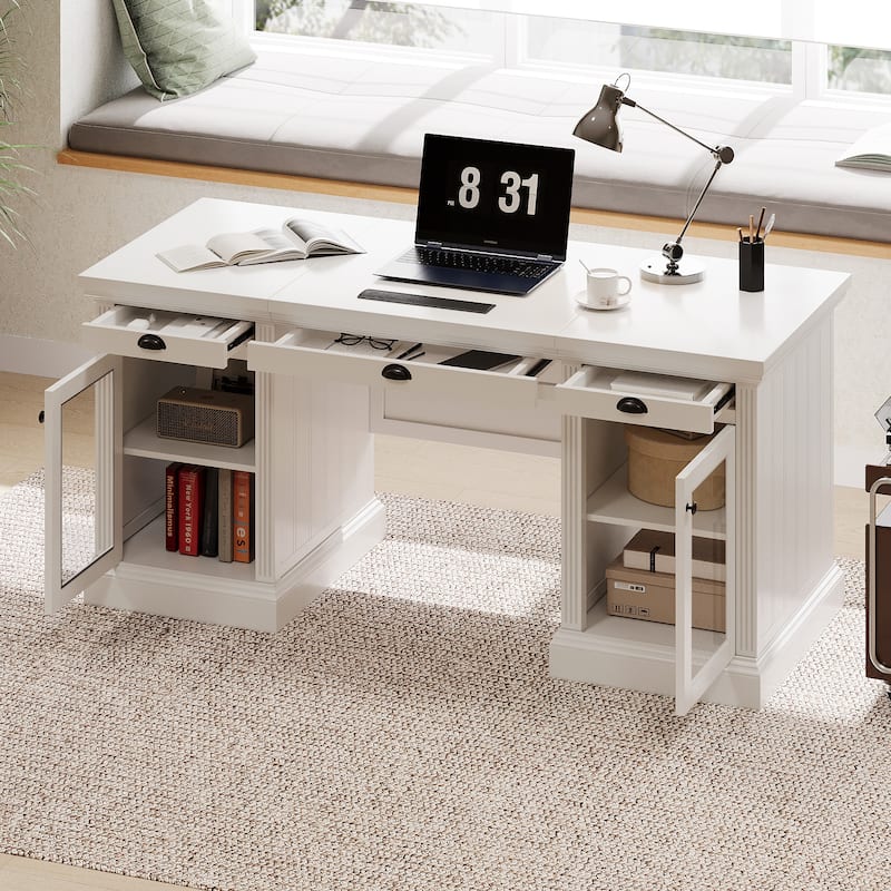 67-Inch Modern Executive Computer Desk with 2 Glass Doors Storage Cabinet & 3 Drawers