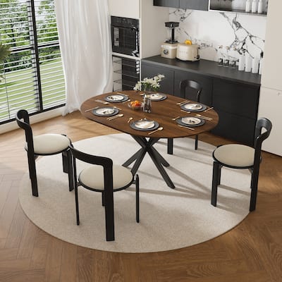 Retractable dining table, round dining table, extendable dining table, 6-person carbon steel base, modern and simple solid wood