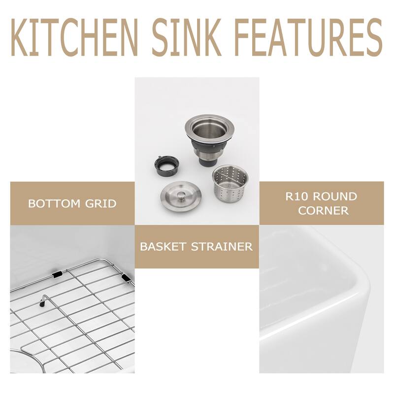 Kichae 28 Inch Ceramic Sink Undermount White Kitchen Sink - 28 in.W x 20 in.D x 10 in.H