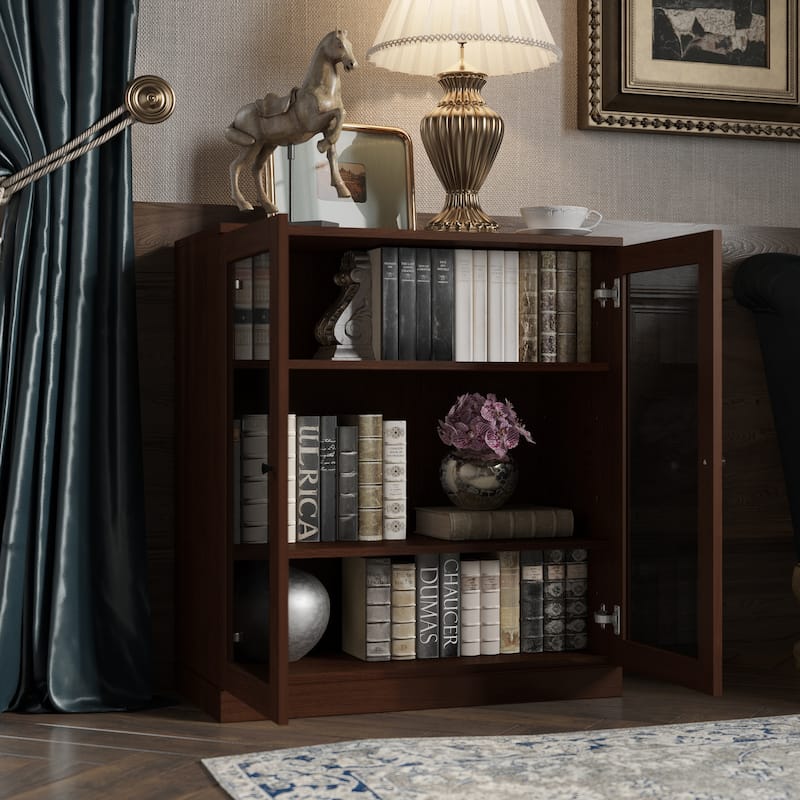 Palace Imports Premium 100% Solid European Oak Hardwood 3-Shelf Modular Bookcase with Tinted Glass Doors - 32" Wide, 35.75" Tall