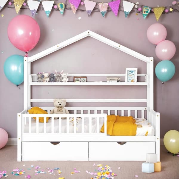 slide 2 of 12, Modern Full Size Wooden House Bed Kids Bed with 2 Drawers and Storage Shelf,Playhouse Design White