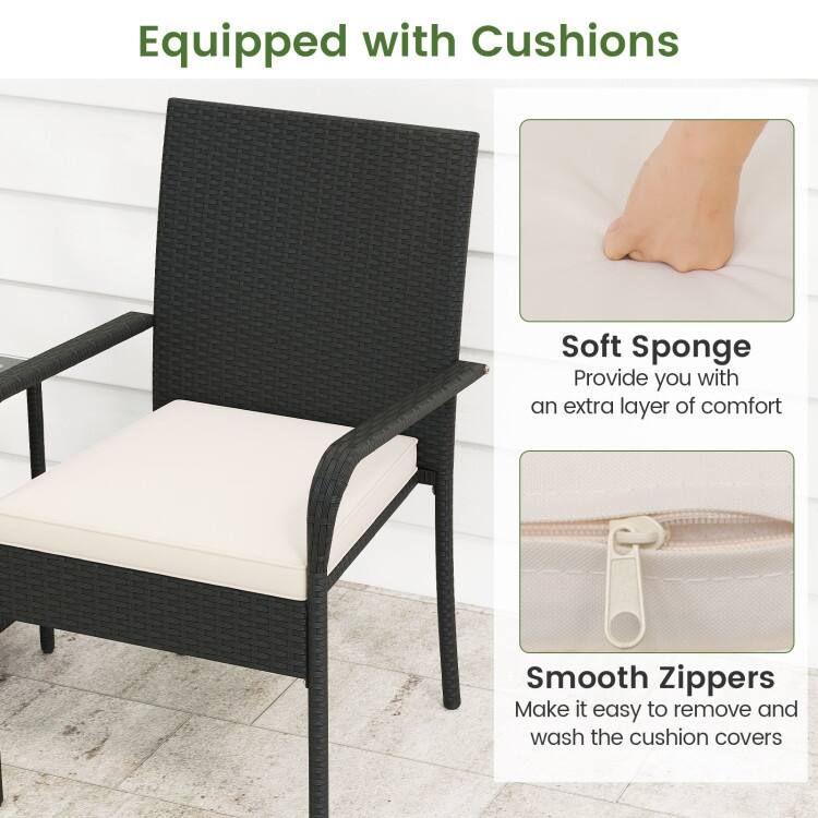 3 Piece Black PE Rattan Patio Set with Metal Frame, Cushions and Glass Table - Chair: 23" x 22.5" x 35"