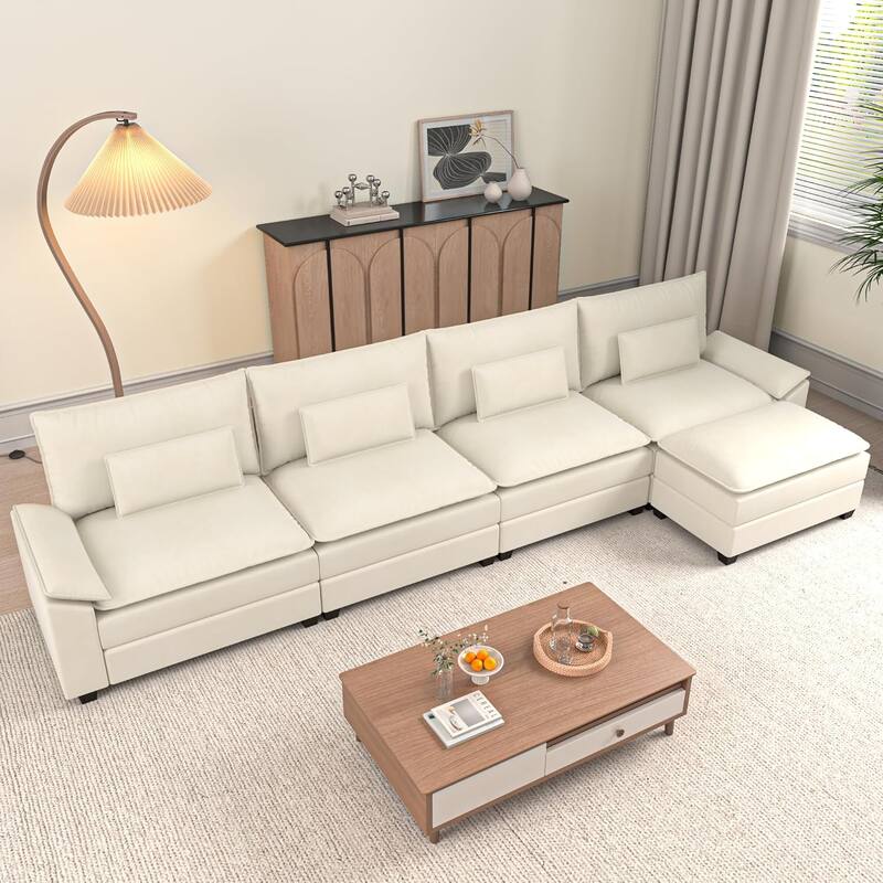 Kullavik Cloud Chenille L-Shaped Sofa, Modular Sectional Sofa with Ottoman, Throw Pillows and Double Layered Cushion