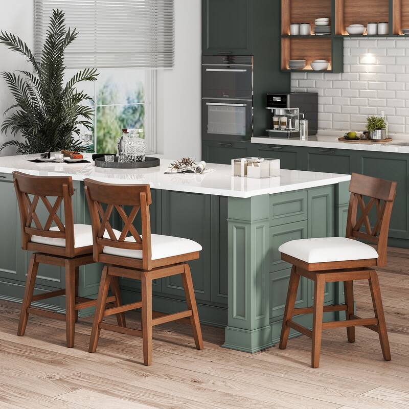 Gymax 26'' Bar Stool Wooden Chair Set of 4 w/Contoured Backrest Swivel