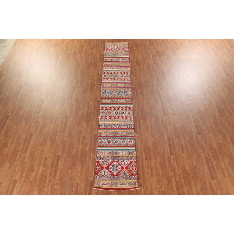 Hand Knotted Oriental 100% Wool Carpet Traditional All-Over Multi-Colored Kazak Runner Rug - 13' 11'' X 2' 6''