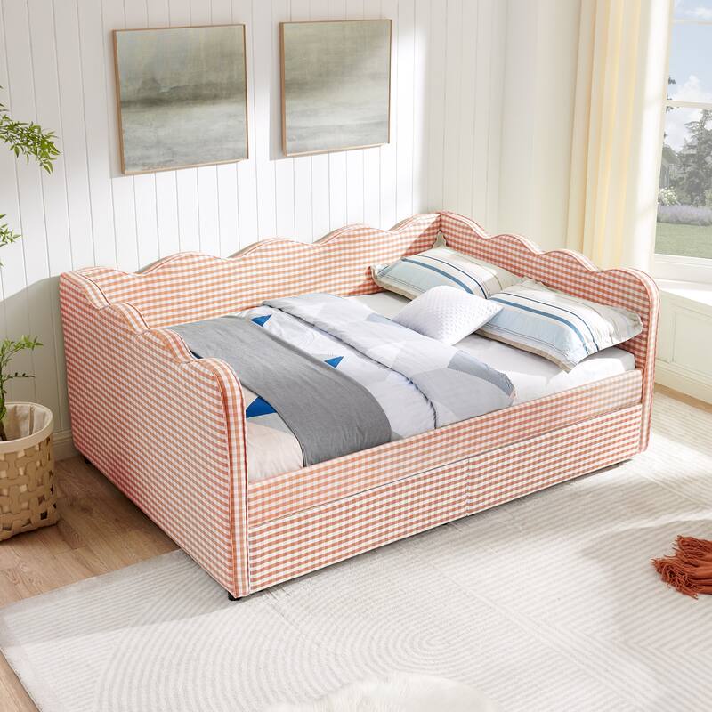 Full/Queen Gingham Daybed with 2 Storage Drawers, USB Port & Wave Shaped Linen Fabric