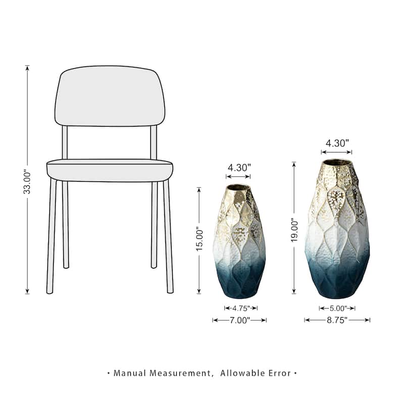 Glitzhome Set of 2 Abstract Ombre Blue and Gold Metal Vases