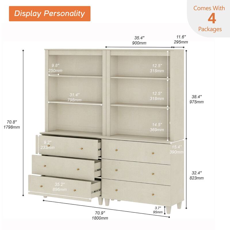 Modern 71" Tall Bookcase with Drawers & Open Shelves for Home Office