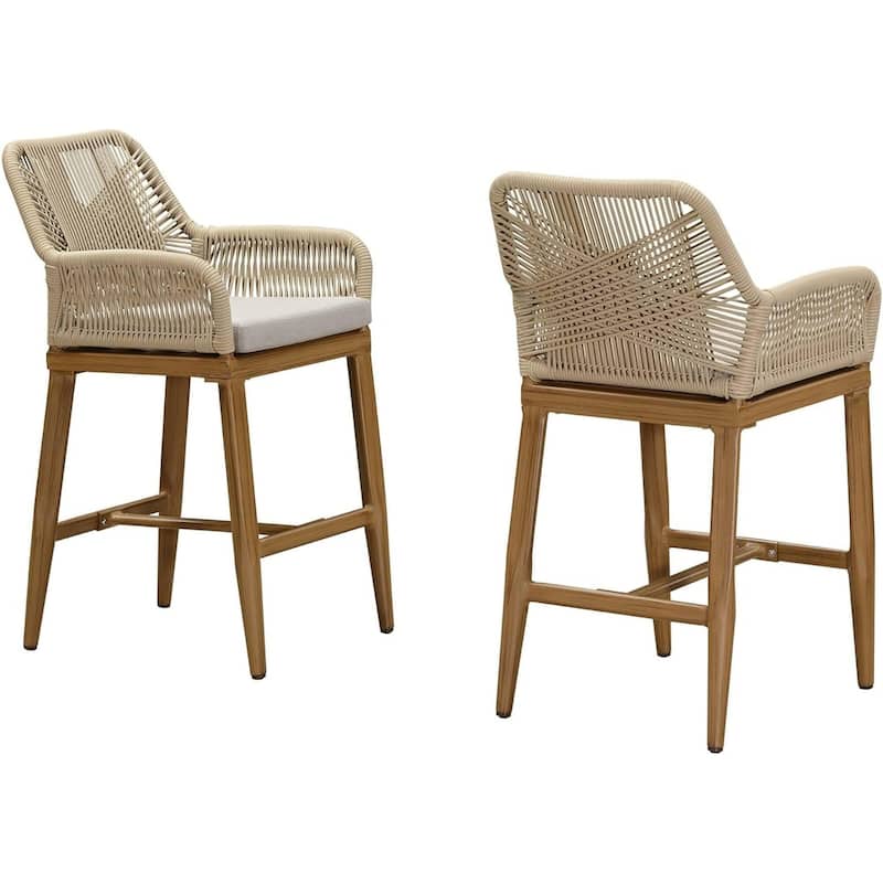 PURPLE LEAF Bar Stools Chair Set of 2 All Weather Rattan and Aluminum Patio Bar Stool with Cushion and Arms