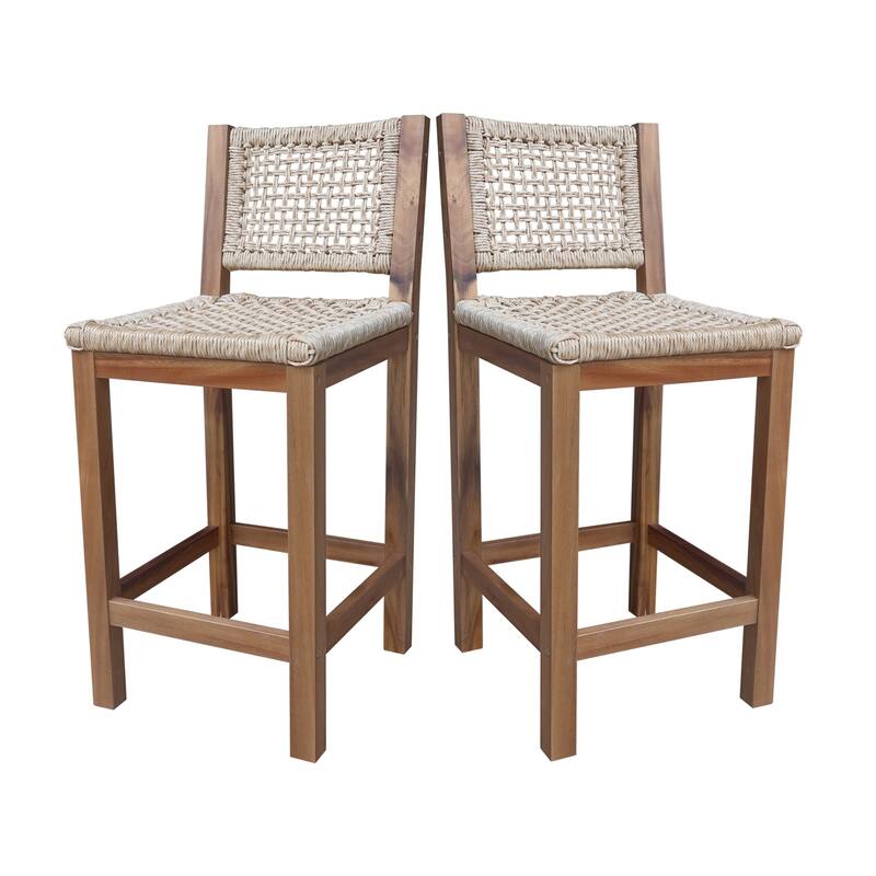 Outdoor Set of Two Stool with Wicker Seats and Back - Oil