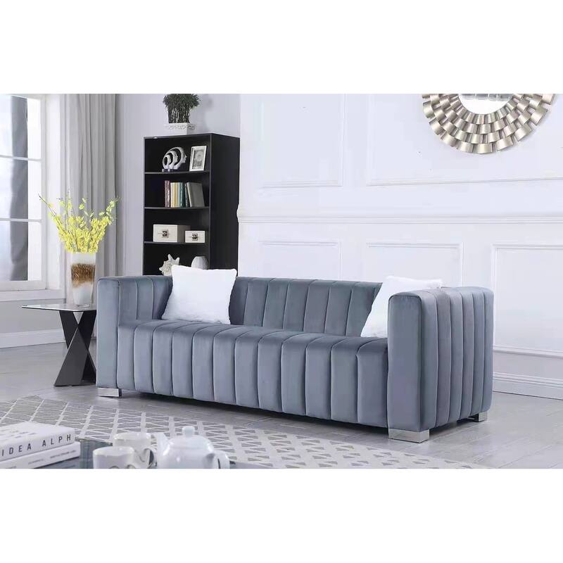 Chesterfield 87.01" Velvet Channel Tufted 3-seater Sofa with Pillows for Living Room
