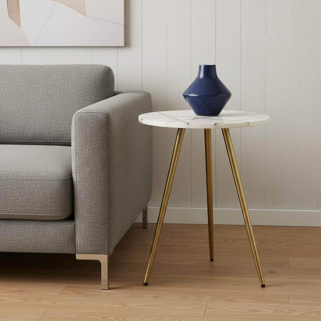 HomeRoots 16" White and Gold Stone and Metal Tray Table - 16.00 in. x 19.00 in. x 16.00 in.