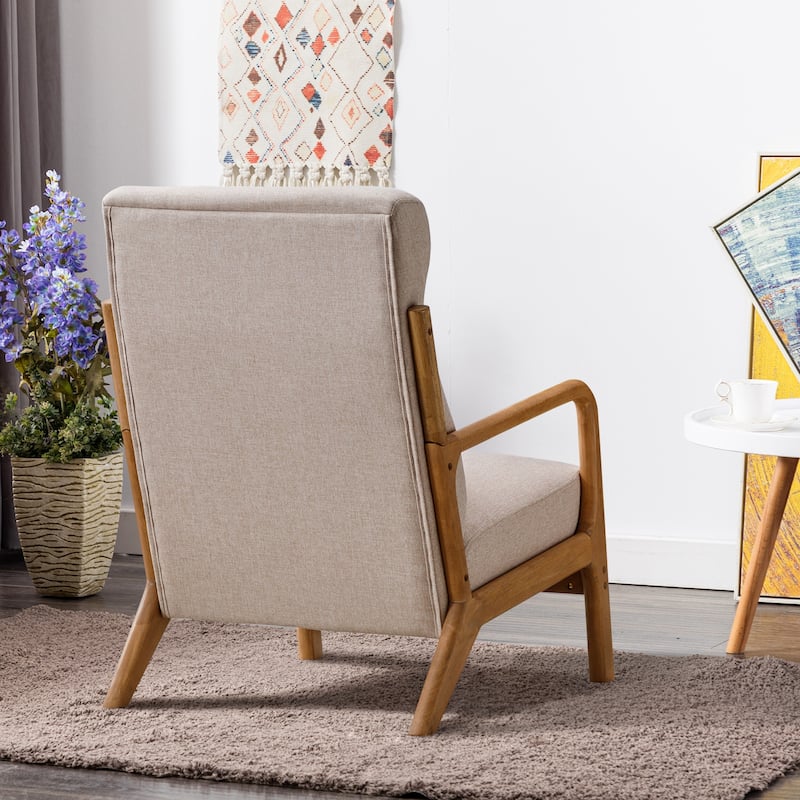 Upholstered Linen Blend Accent Chair with Wooden Legs and One Pillow