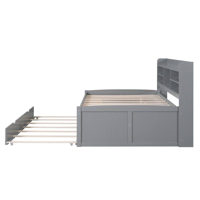 Full Size Wooden Captain Bed with Built-in Bookshelves,Three Storage Drawers and Trundle