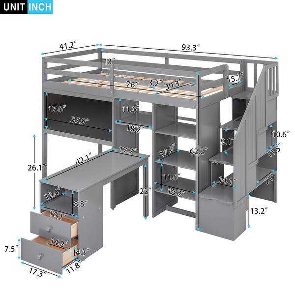 dimension image slide 0 of 2, Twin Size Loft Bed with Pullable Desk, Storage Shelves, Staircase, and Blackboard - Solid Wood Frame for Space-Saving Design