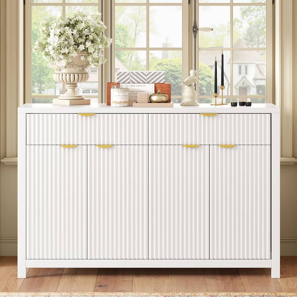 Modern Wave-Pattern Sideboard Cabinet with 2 Drawers and 4 Doors, 3-Level Adjustable Shelves, Aluminum Arc Handles