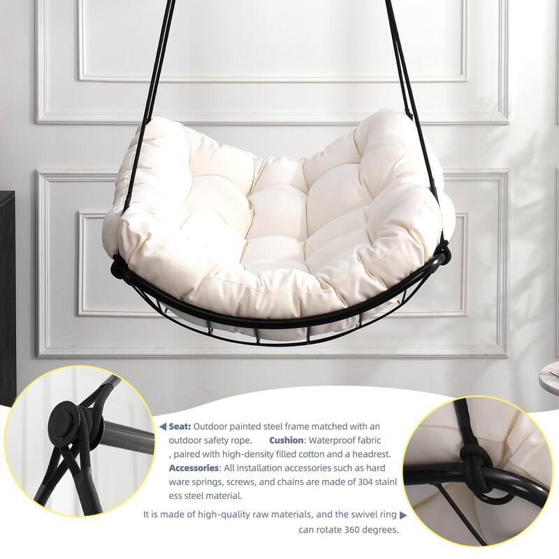 Steel-Frame Hammock Chair Swing with Comfort Cushion - Anti-Slip Safety Rings for Indoor/Outdoor Use in Patio, Bedroom, Balcony