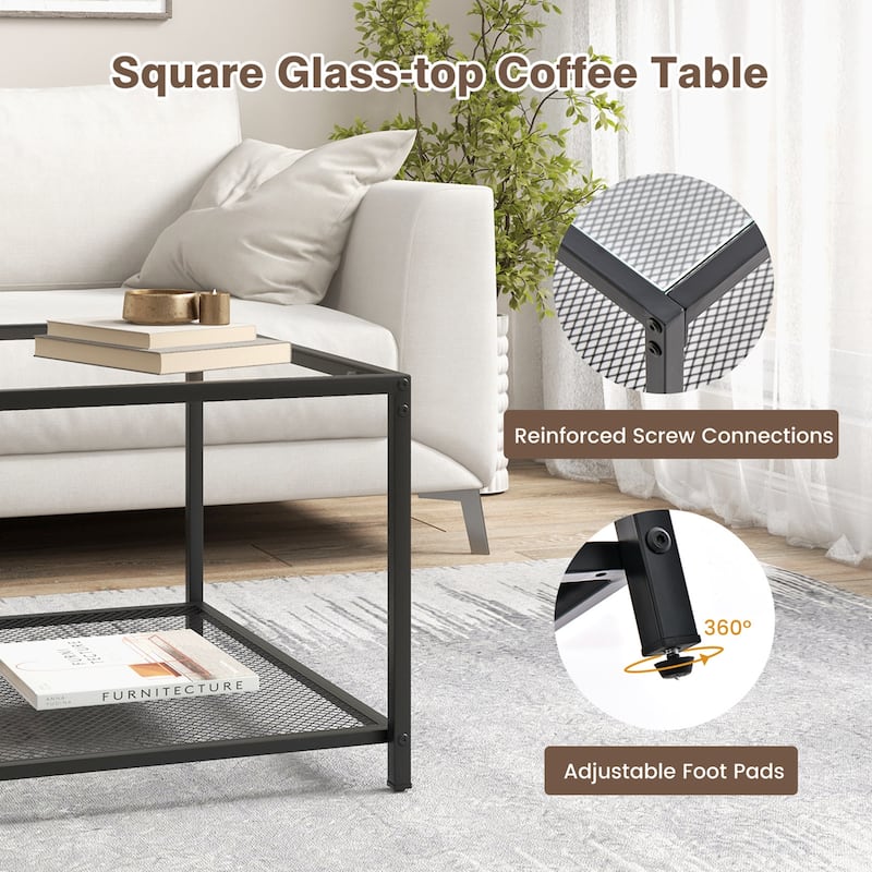 Costway Glass Coffee Table 27.5 Inch 2-Tier Square with Mesh Shelf - See Ddetails