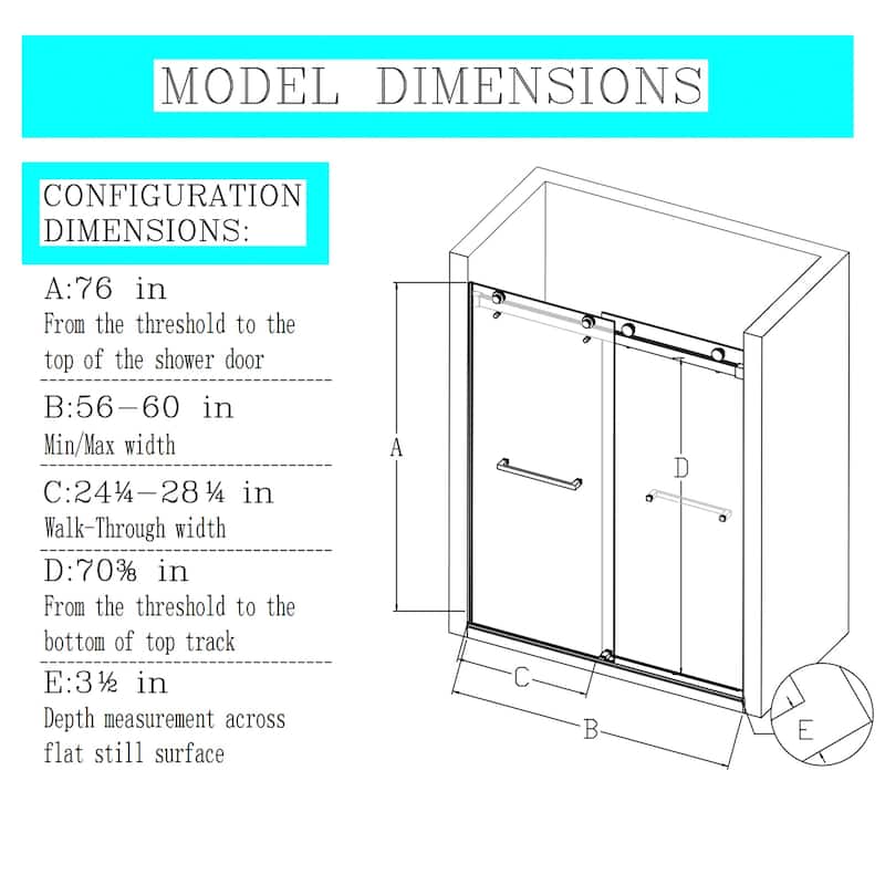 56"-60" x 76" Frameless Double Sliding Shower Door