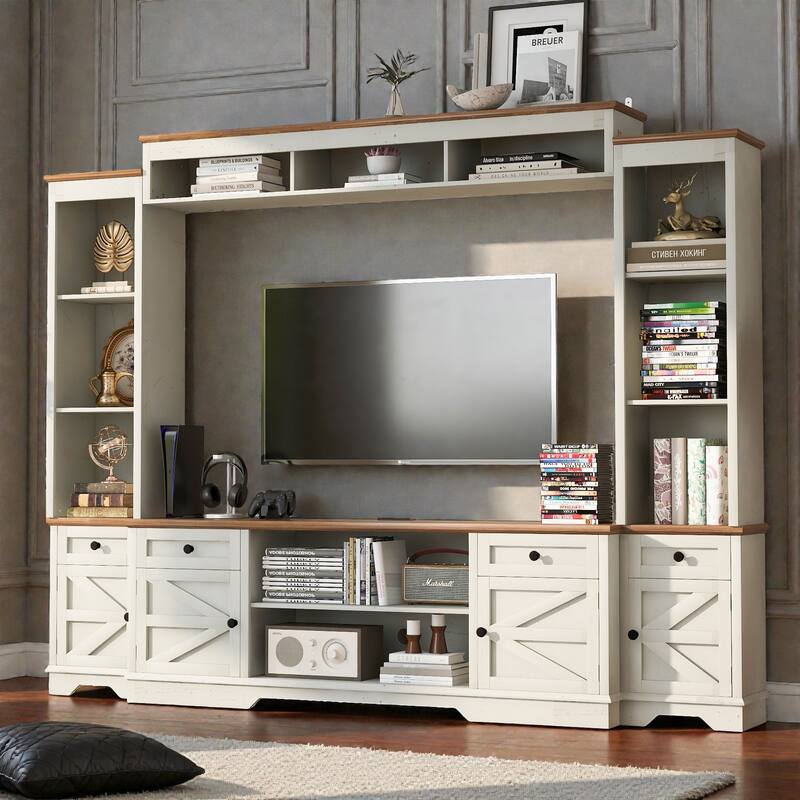 98.7" Farmhouse Wall Unit Entertainment Center with Barn Doors, TV Stand with Storage for TVs up to 75" - White Walnut