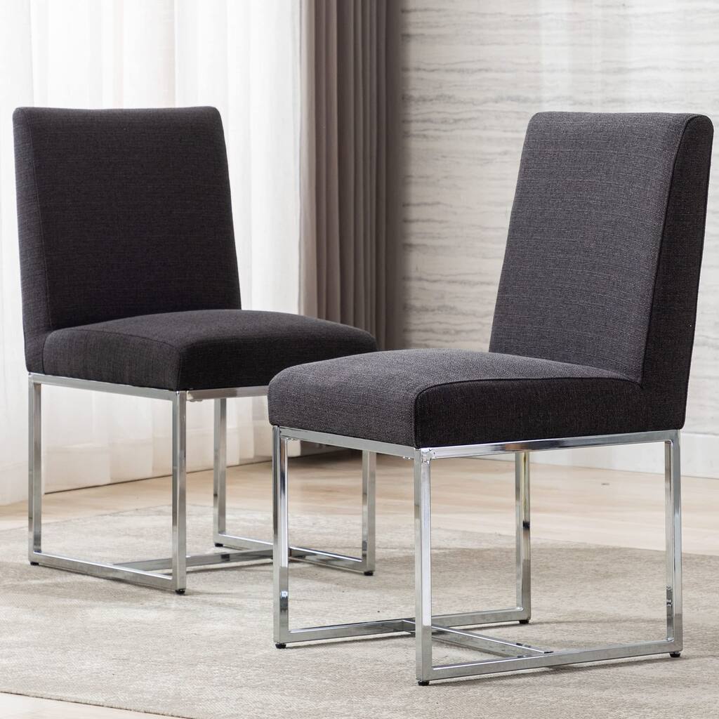 Linen Upholstered Dining Chairs Set of 2, Mid Century Modern Padded Chair with Chrome Metal Frame, Charcoal - as picture