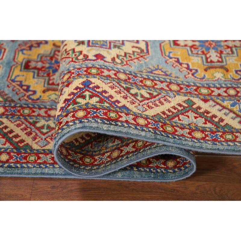 Light Blue Kazak Oriental Runner Rug Hand-Knotted Wool Carpet - 2'7" x 12'9"