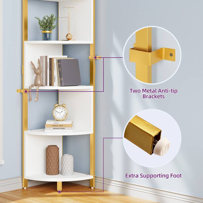 Herrell 5-Tier Corner Bookshelf 68" Tall Modern Free Standing Zigzag Corner Bookcase