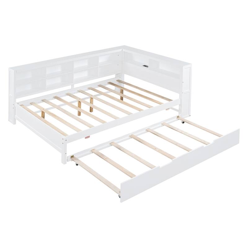 Wooden Full Size DayBed with Twin Size Trundle, DayBed with Storage Shelf and USB Charging Ports