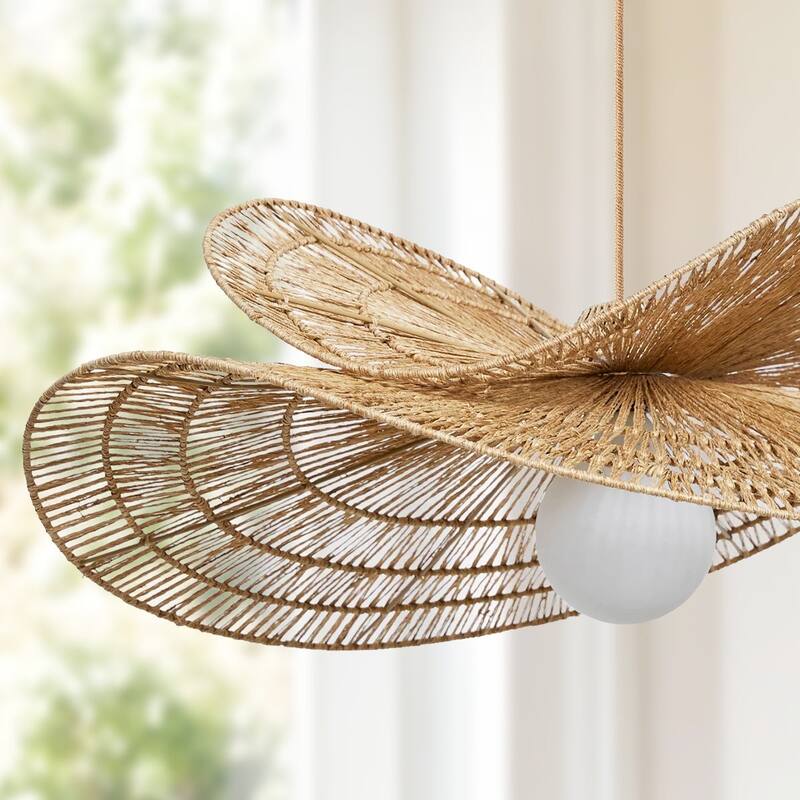 Whisper Rattan Pendant Light Natural Large Sculptural 1-Light Handwoven Light Fixture For Modern, Coastal, Farmhouse Room Décor.