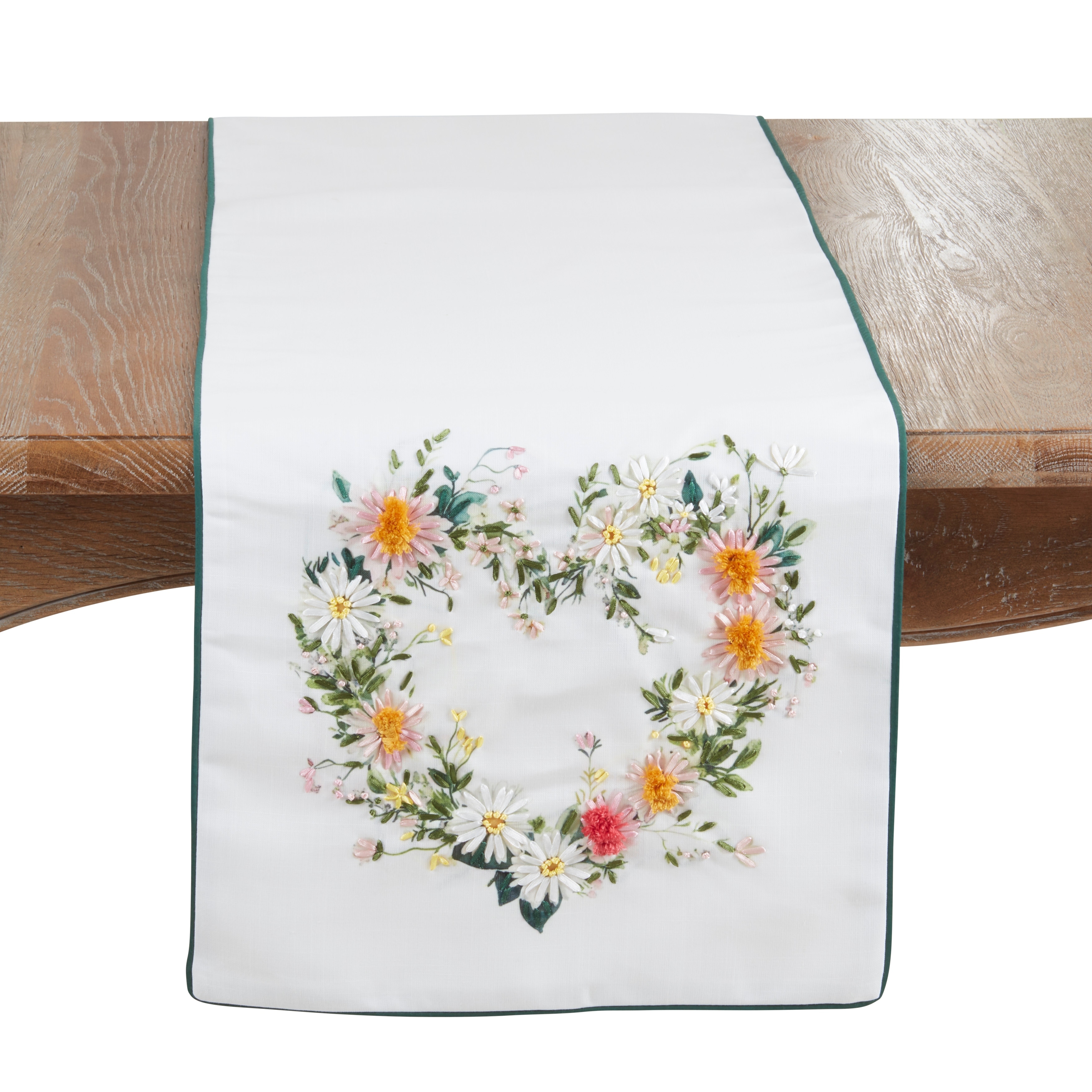 Floral Heart Embroidered Table Runner - Non-Reversible Decorative Table Runner for Dining Tables, 16"x72"