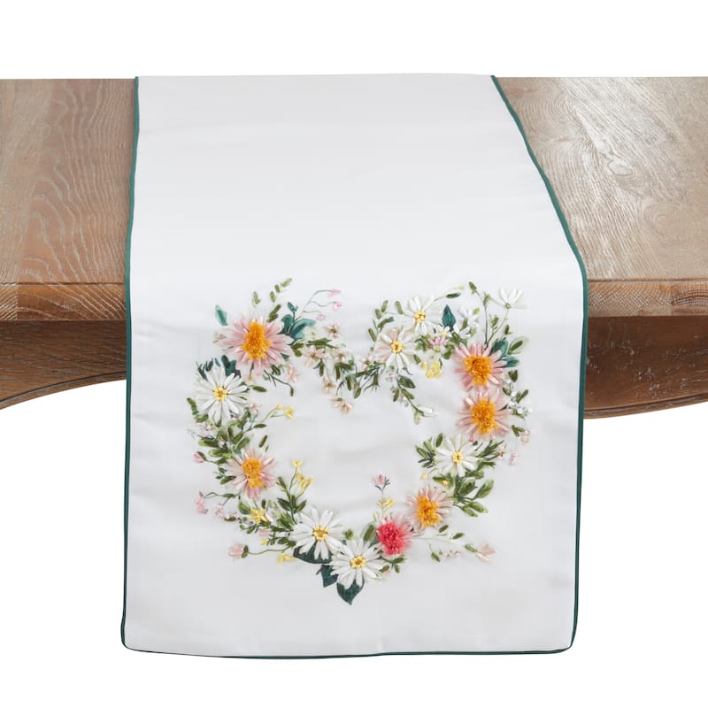Floral Heart Embroidered Table Runner - Non-Reversible Decorative Table Runner for Dining Tables, 16"x72" - 16"x72" - White