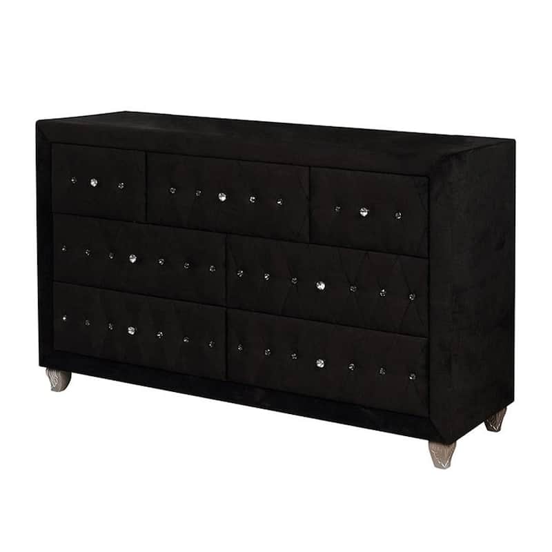 Rea Wide Dresser, 7 Drawers with Crystal Knobs, Black Velvet Upholstery