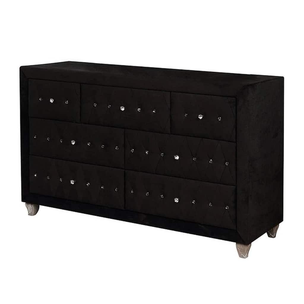 Rea Wide Dresser, 7 Drawers with Crystal Knobs, Black Velvet Upholstery