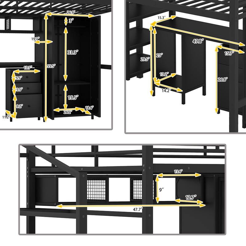 Full Size Metal Loft Bed With Table,Drawers, Shelf and Wardrobe