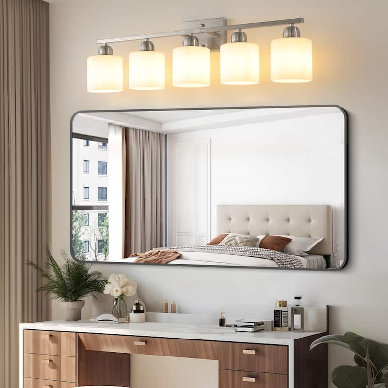 5-Light Brushed Nickel Bathroom Vanity - Milky Frosted Glass - E26 Socket