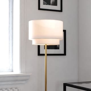 Burnaby Gold Brass Mid-Century Modern Floor Lamp White Linen Shade Pull Chain Switch - 15-in W x 62.5-in H x 15-in D