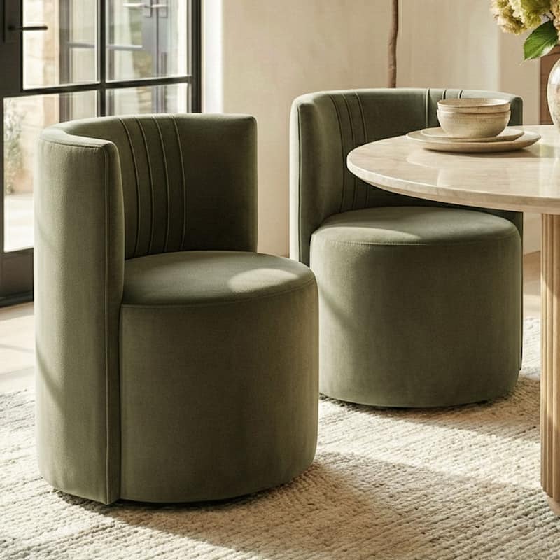 Velvet Swivel Dining Chairs with Rolling Casters, Upholstered Barrel Back Dining ArmChairs - Set of 2 - Olive-2-piece