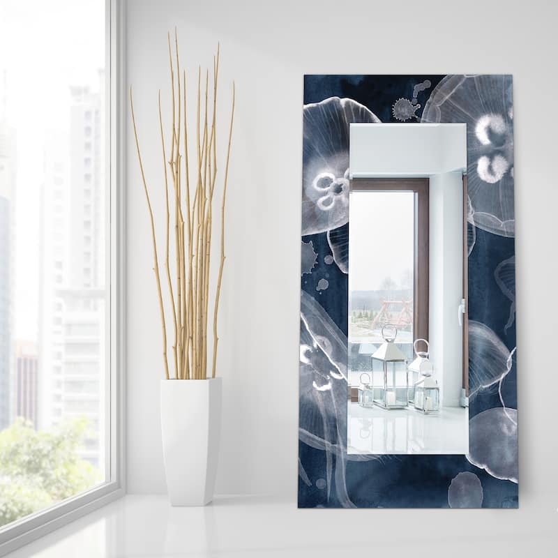 "Moon Jellies"Abstract Rectangular Beveled Wall Mirror on Free Floating Printed Tempered Glass - Clear - 72 x 36