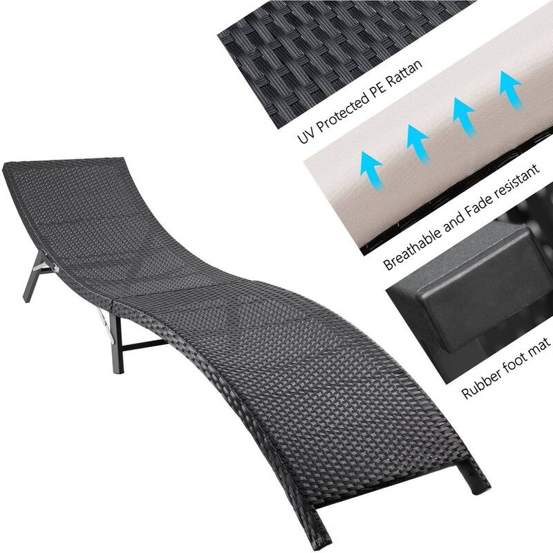 Homall 3 Pieces Patio Chaise Lounge with Removable Cushions Unadjustable Wicker Folding Chaise Lounge with Folding Table