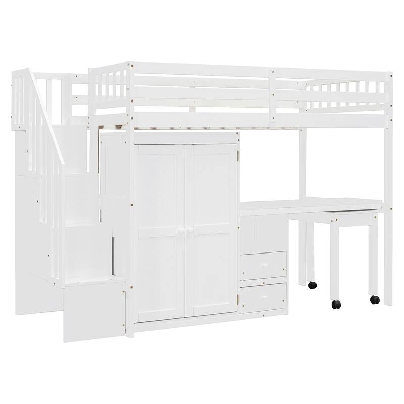 Twin Loft Bed with Staircase & Study Station and 5-in-1 Storage, 300lb Capacity