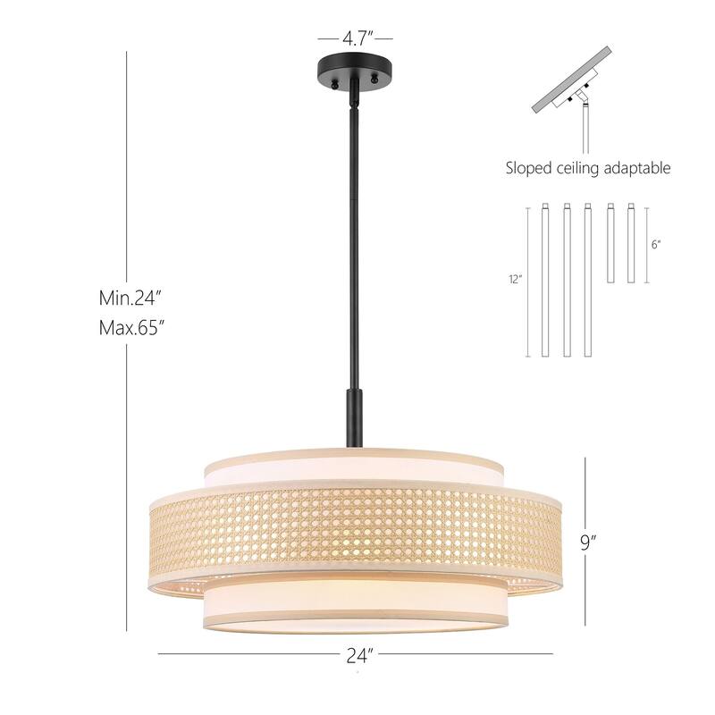 Modern Chandelier Black 24" 5-Light Woven Rattan Shade