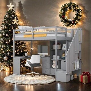 Twin Size Loft Bed with Desk and Drawers, Cabinet and Staircase, Gray