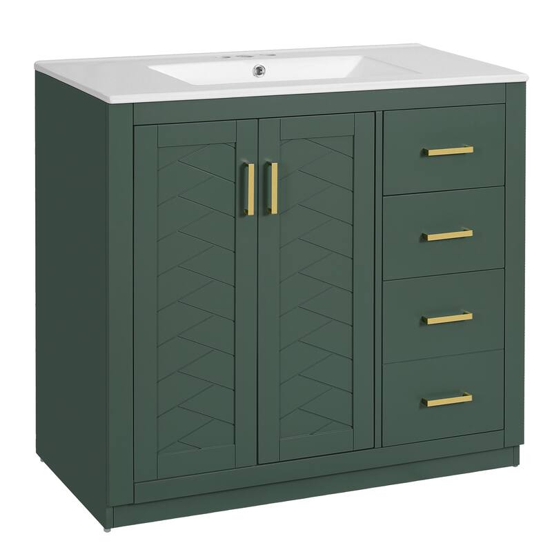 36" Bathroom Vanity with Ceramic Sink, Solid Wood Storage Cabinet, Freestanding 3-Drawer Vanity Set, Soft-Close Doors