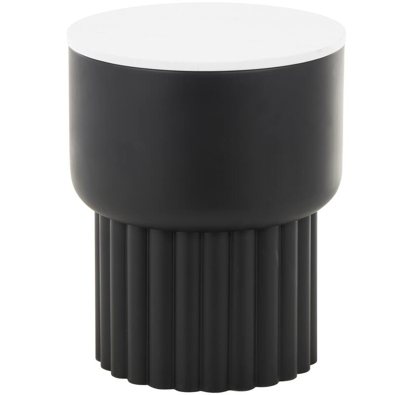 Black Metal Ribbed Side End Accent Table with White Marble Tabletop