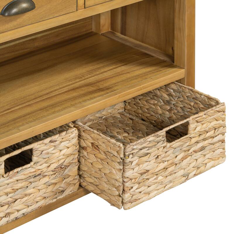 Retro Console Table With 3 Drawers, Entryway Table With 3 Water Hyacinth Woven Baskets,Wooden Accent Sofa Table Buffet Cabinet