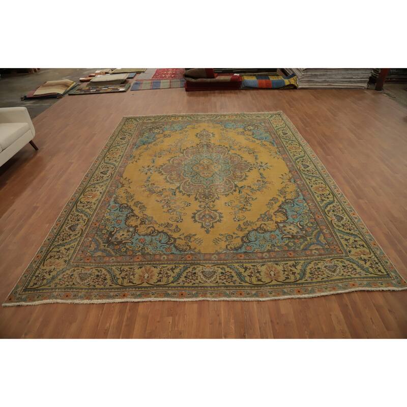 Hand Knotted Oriental 100% Wool Carpet Traditional Floral Yellow & Gold Tabriz Area Rug - 12' 10'' X 9' 10''