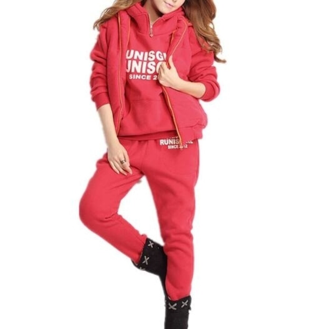 red sweatshirt and sweatpants set